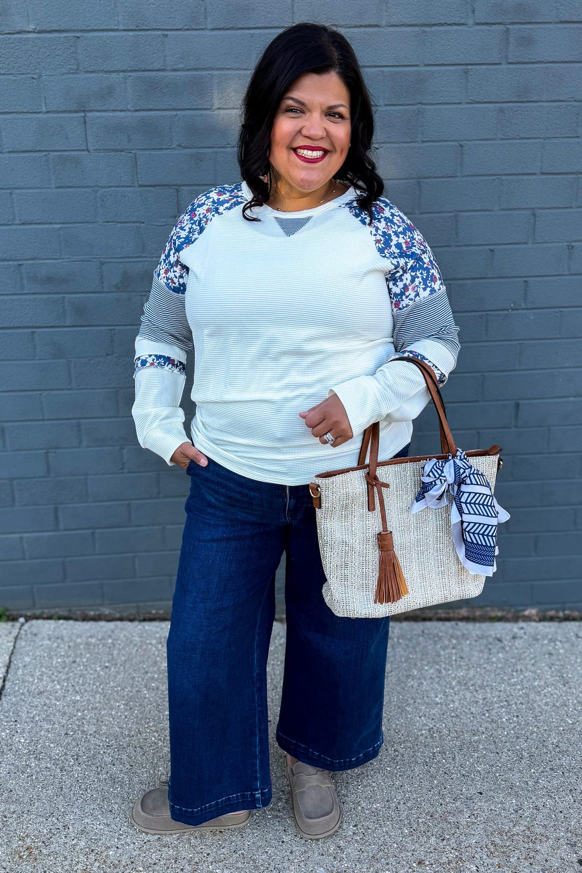 Ivory with Blue Floral & Stripe Waffle Knit Top Styled
