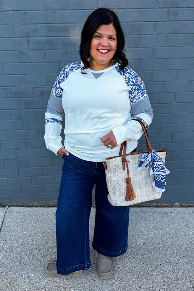 Ivory with Blue Floral & Stripe Waffle Knit Top Styled