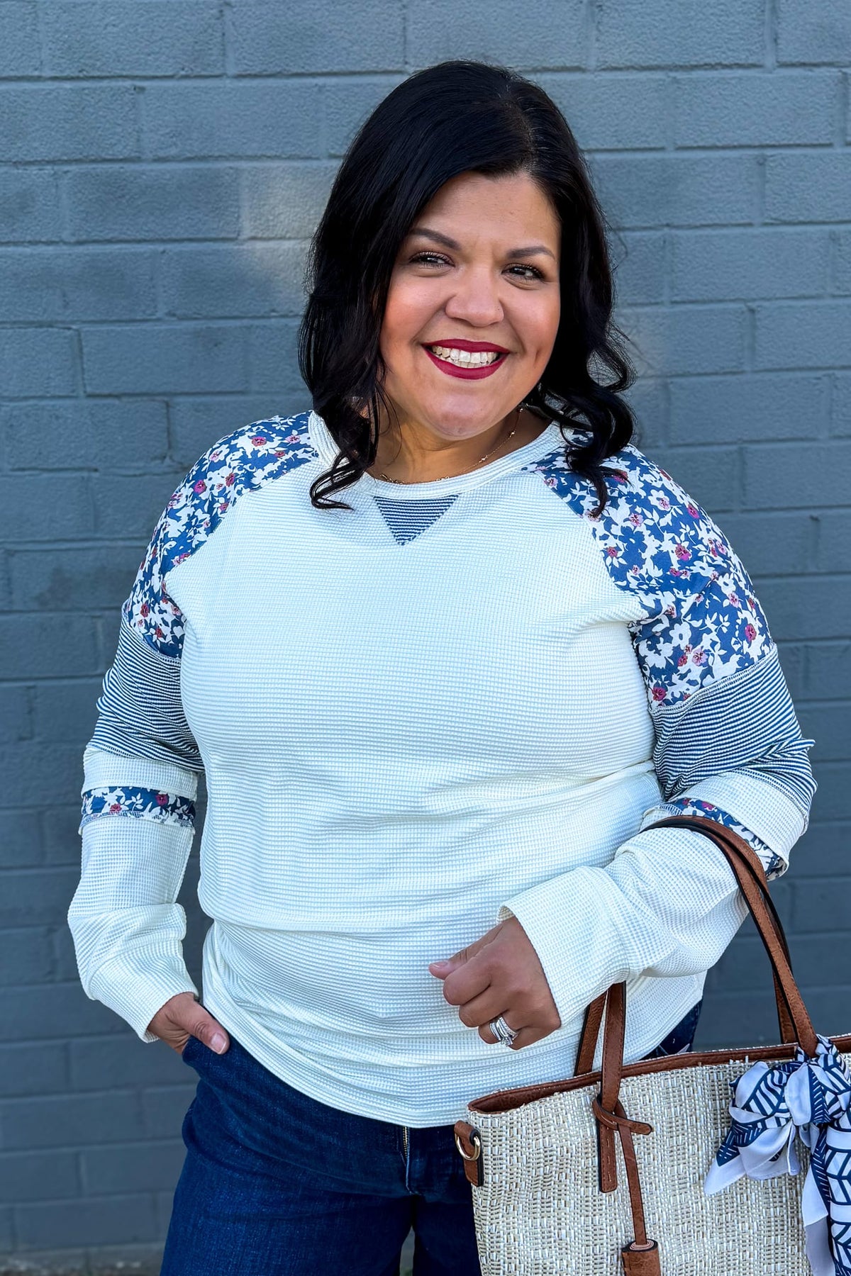 Ivory with Blue Floral & Stripe Waffle Knit Top
