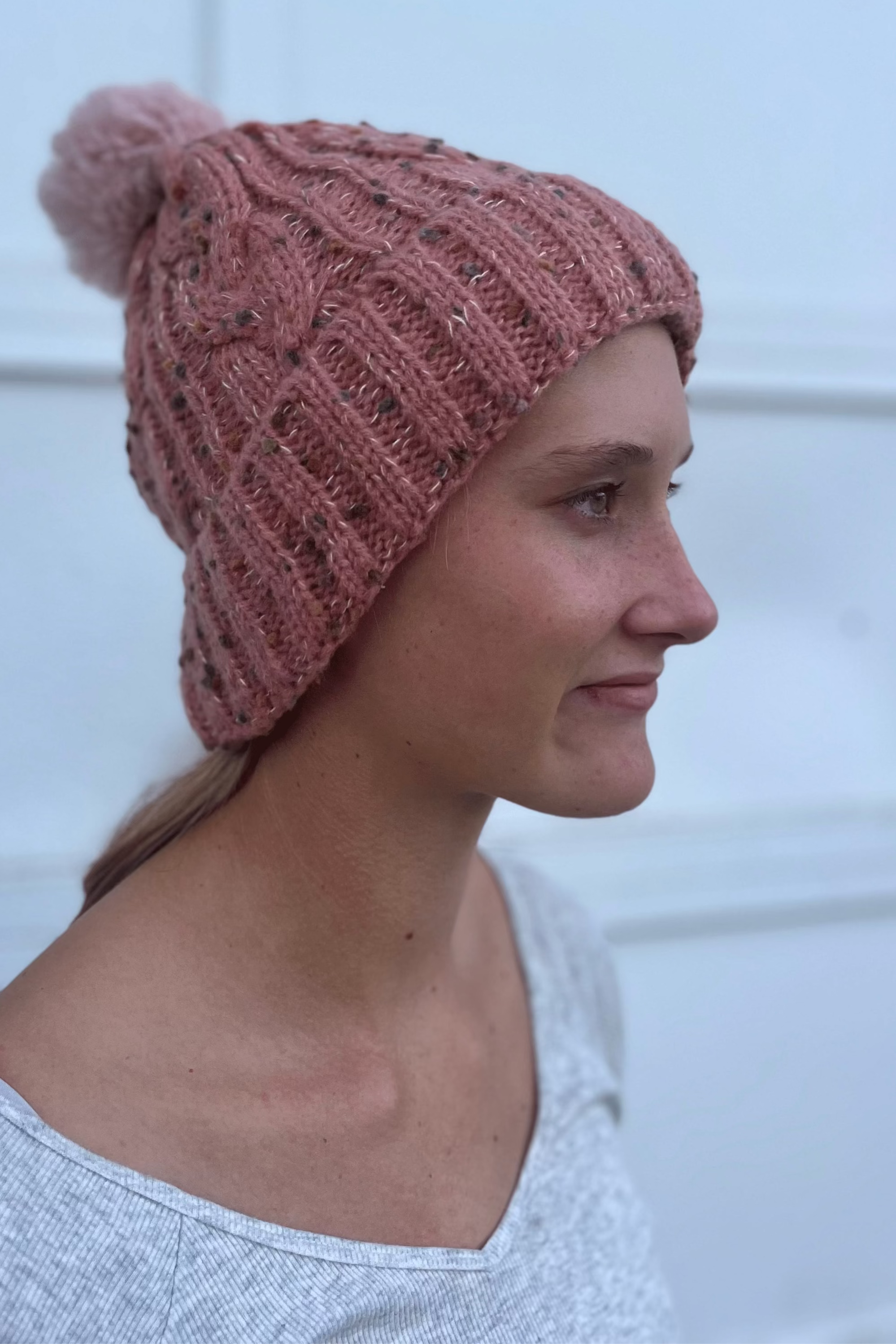 Pink Cable Knit Confetti Pom Beanie with Fur Lining