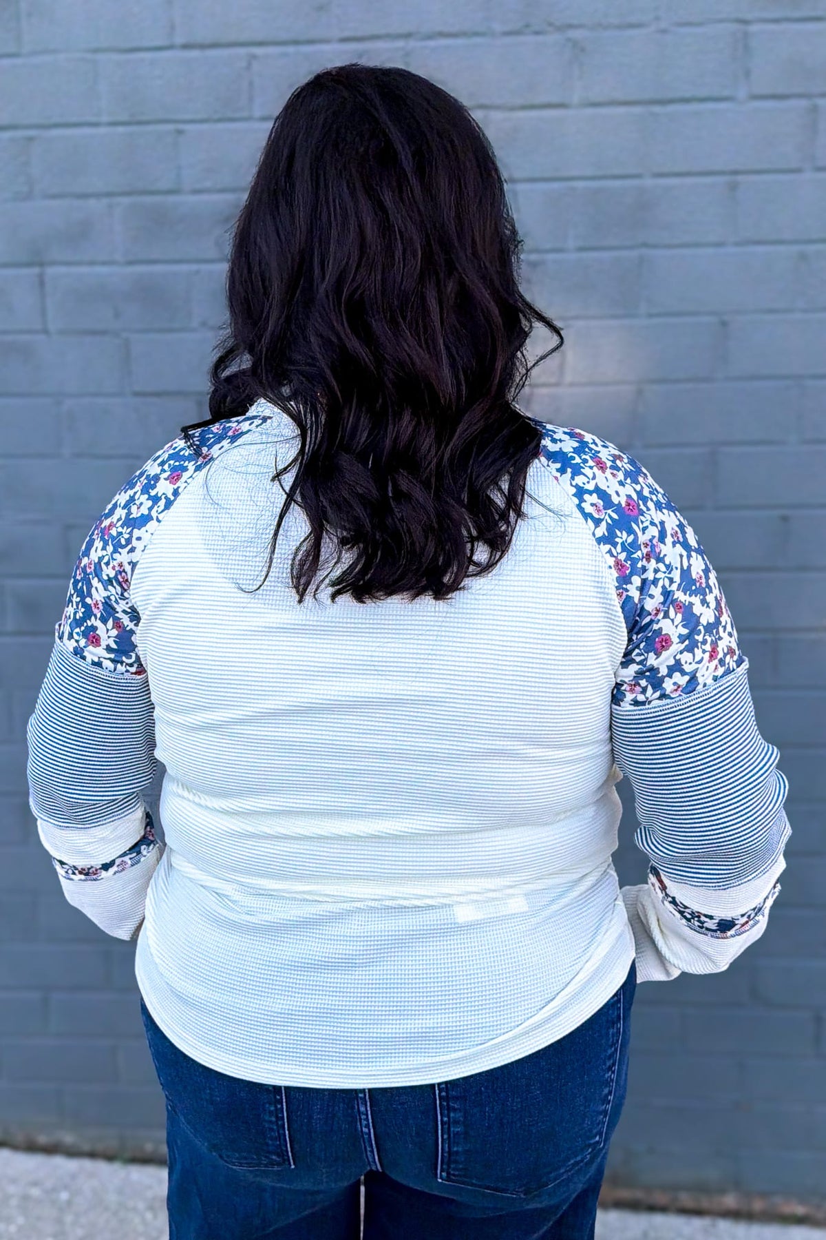 Ivory with Blue Floral & Stripe Waffle Knit Top Back
