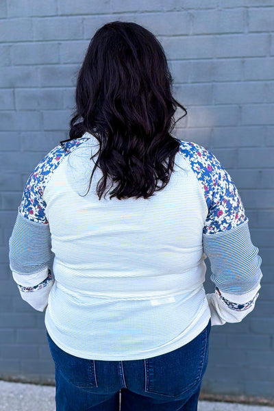 Ivory with Blue Floral & Stripe Waffle Knit Top Back