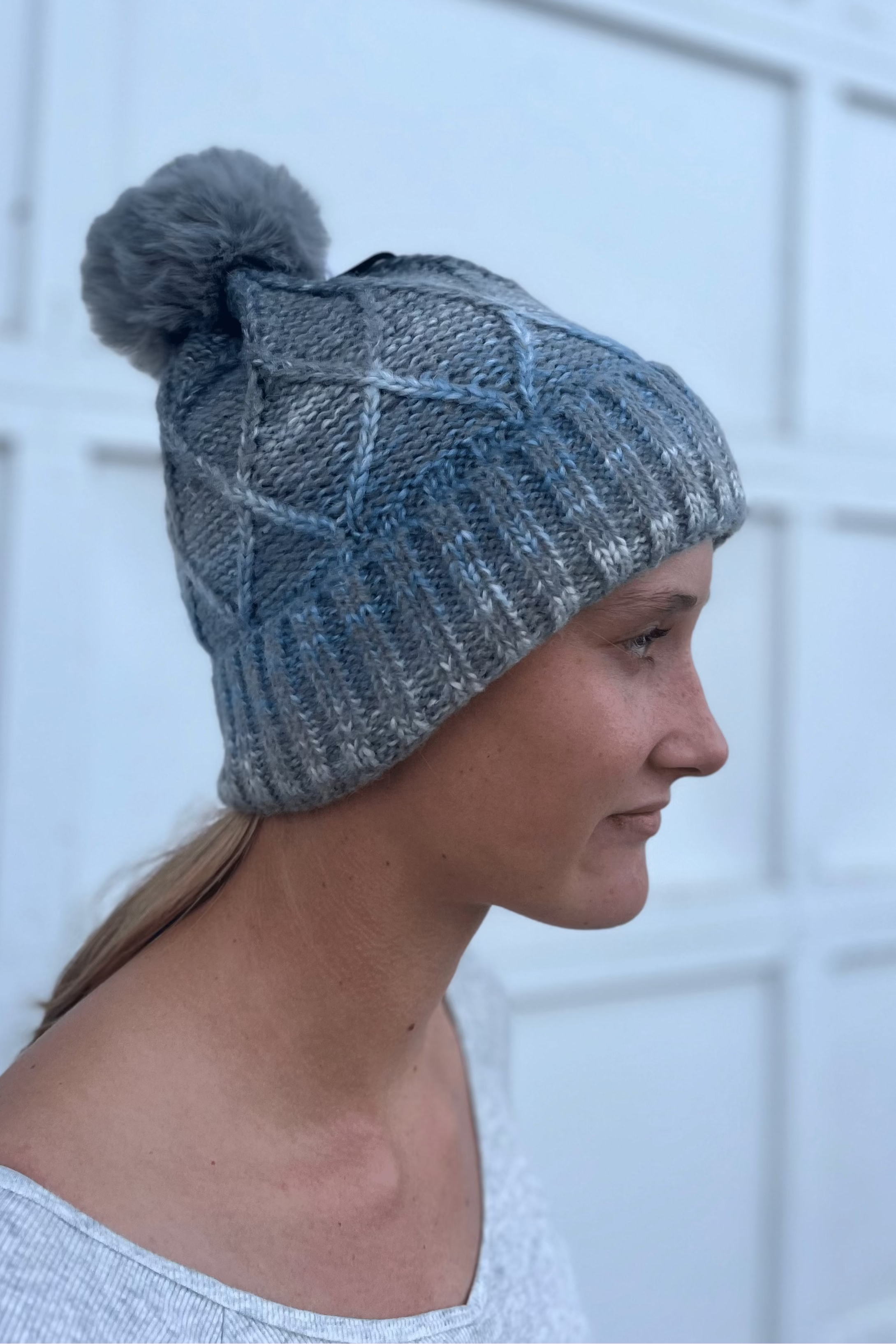 Grey Textured Ombre Pom Beanie with Fur Lining