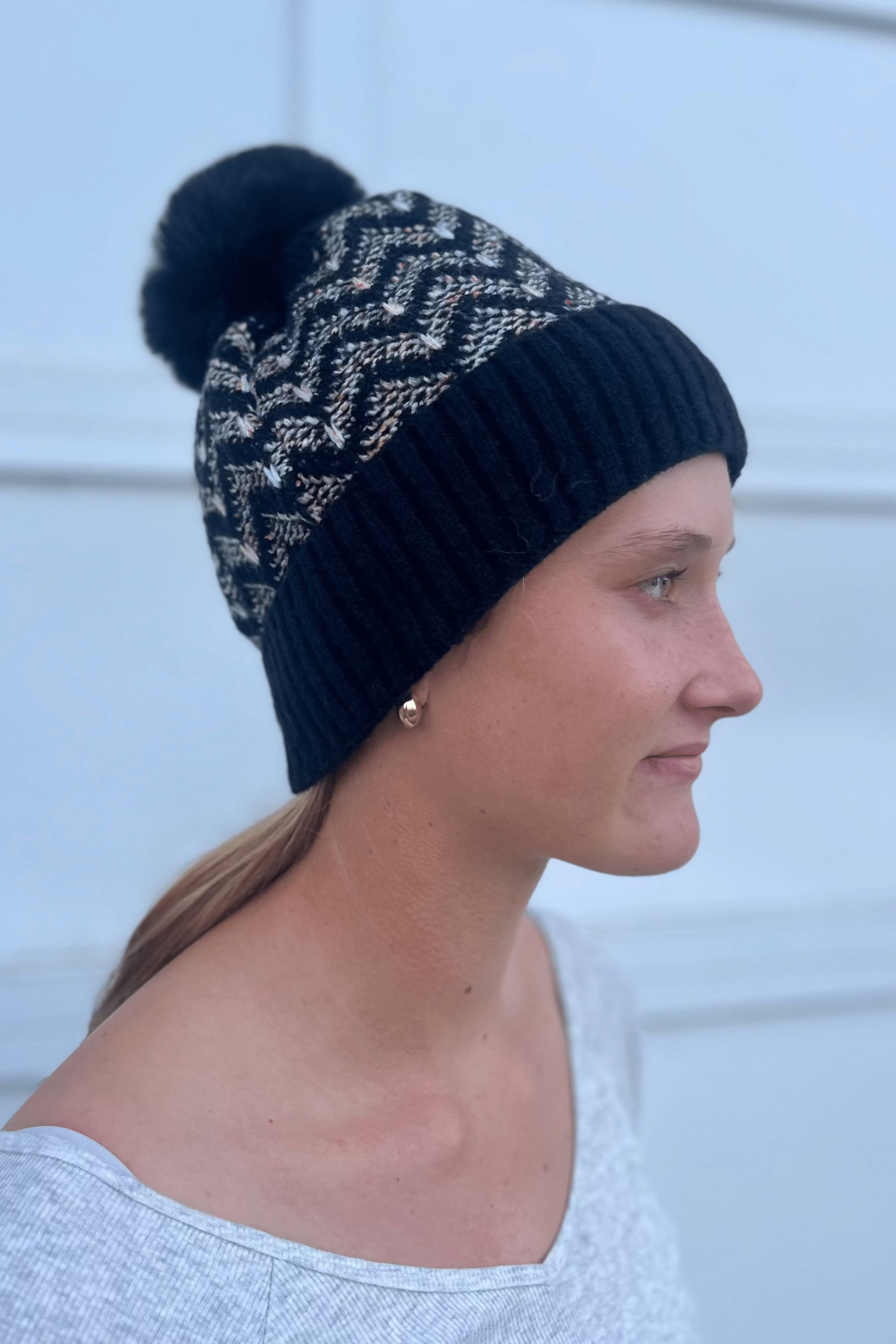 Black Chevron Pom Beanie with Fur Lining