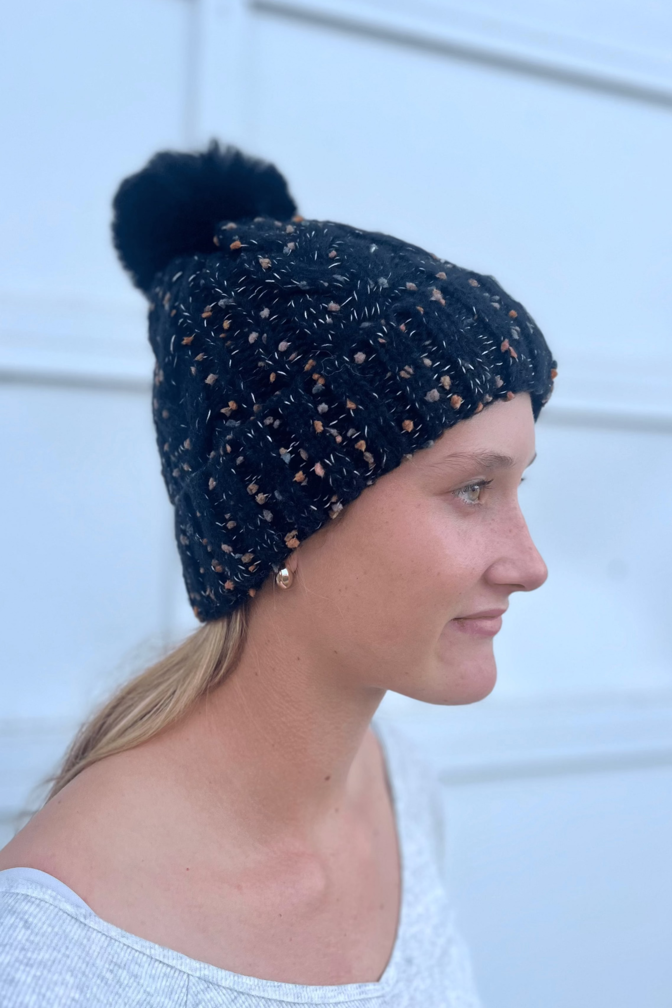 Black Cable Knit Confetti Pom Beanie with Fur Lining