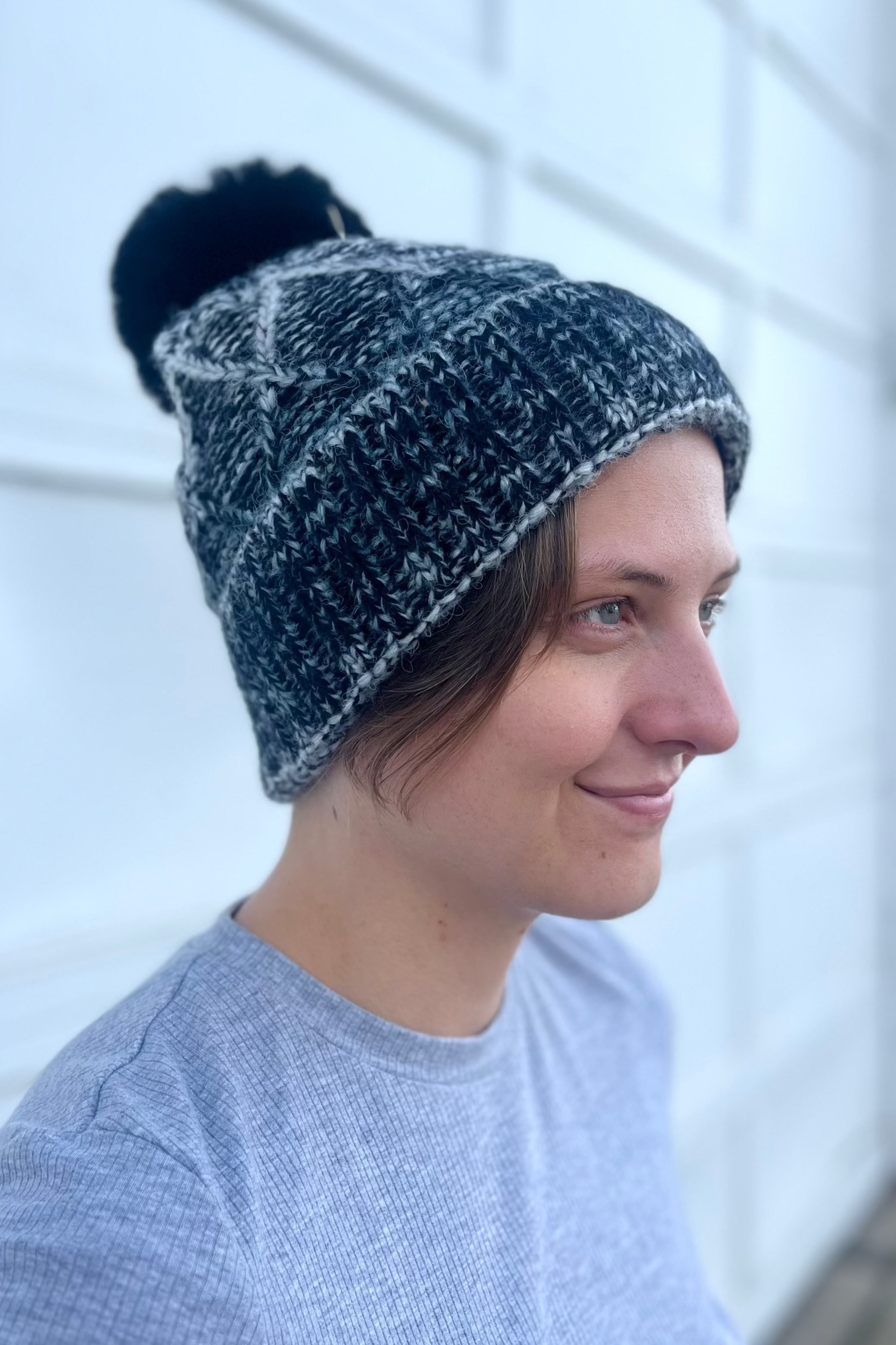 Black Textured Ombre Pom Beanie with Fur Lining