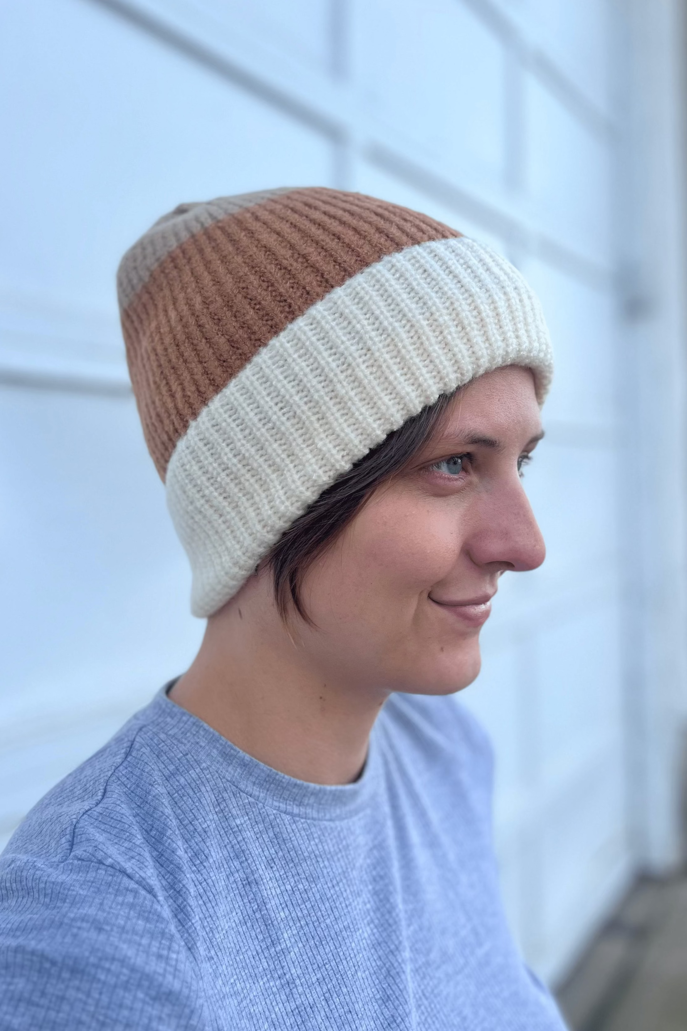 Beige Color Block Beanie with Fur Lining