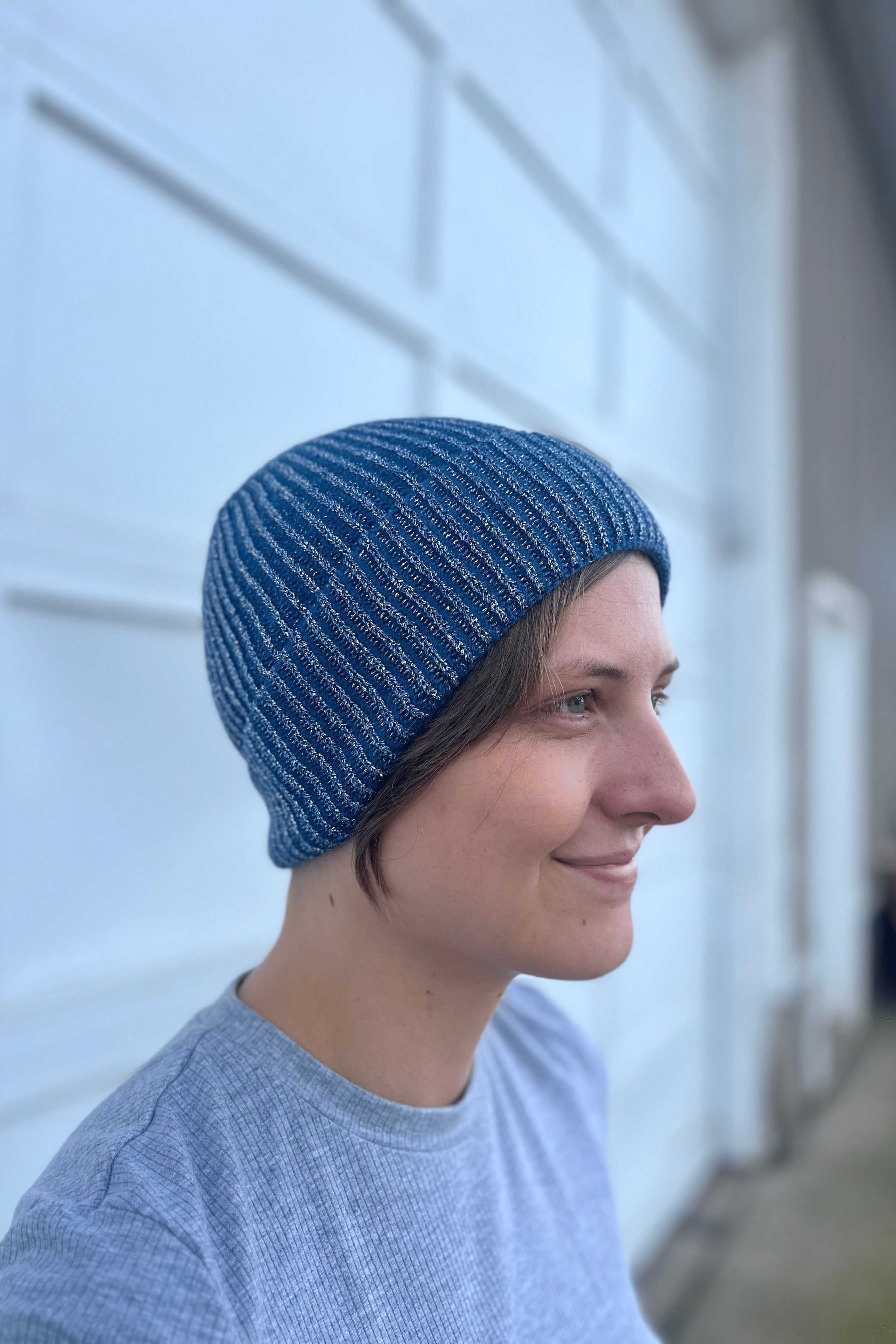 Blue Metallic Ribbed Beanie
