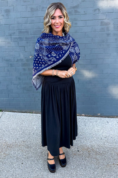 Navy Bandana Paisley Mix Triangular Scarf Styled