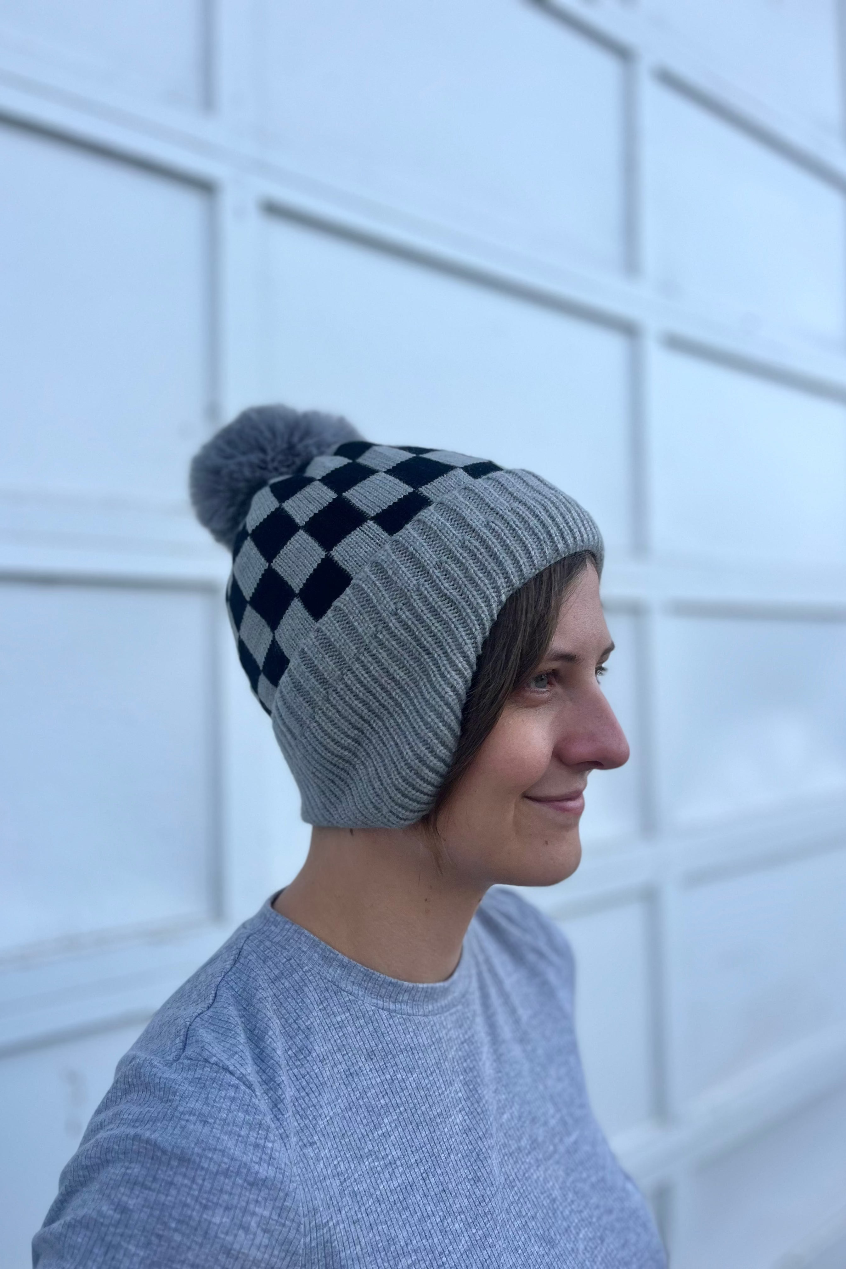 Grey Checkerboard Pom Beanie with Ear Flap