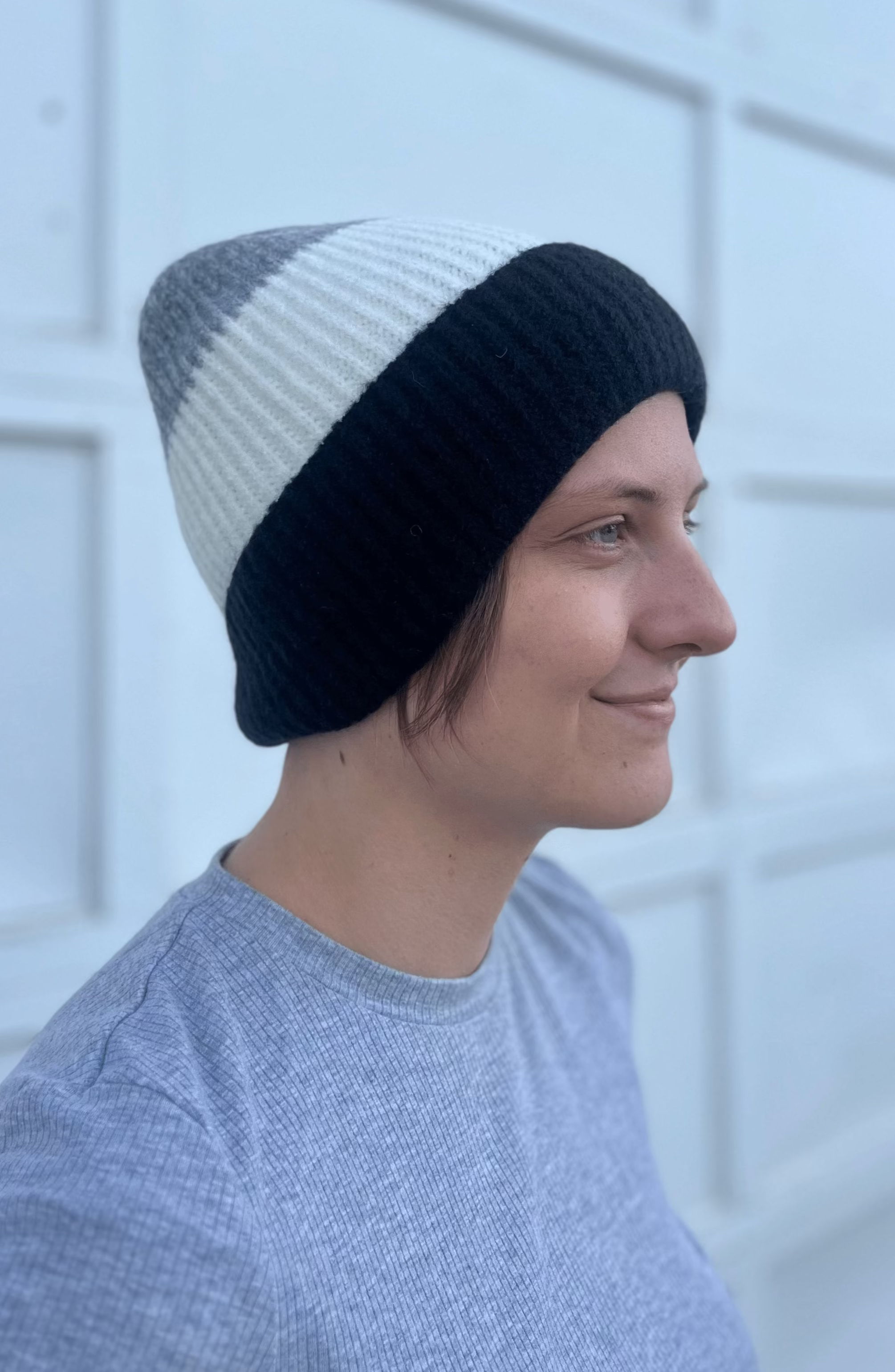 Black Color Block Beanie with Fur Lining