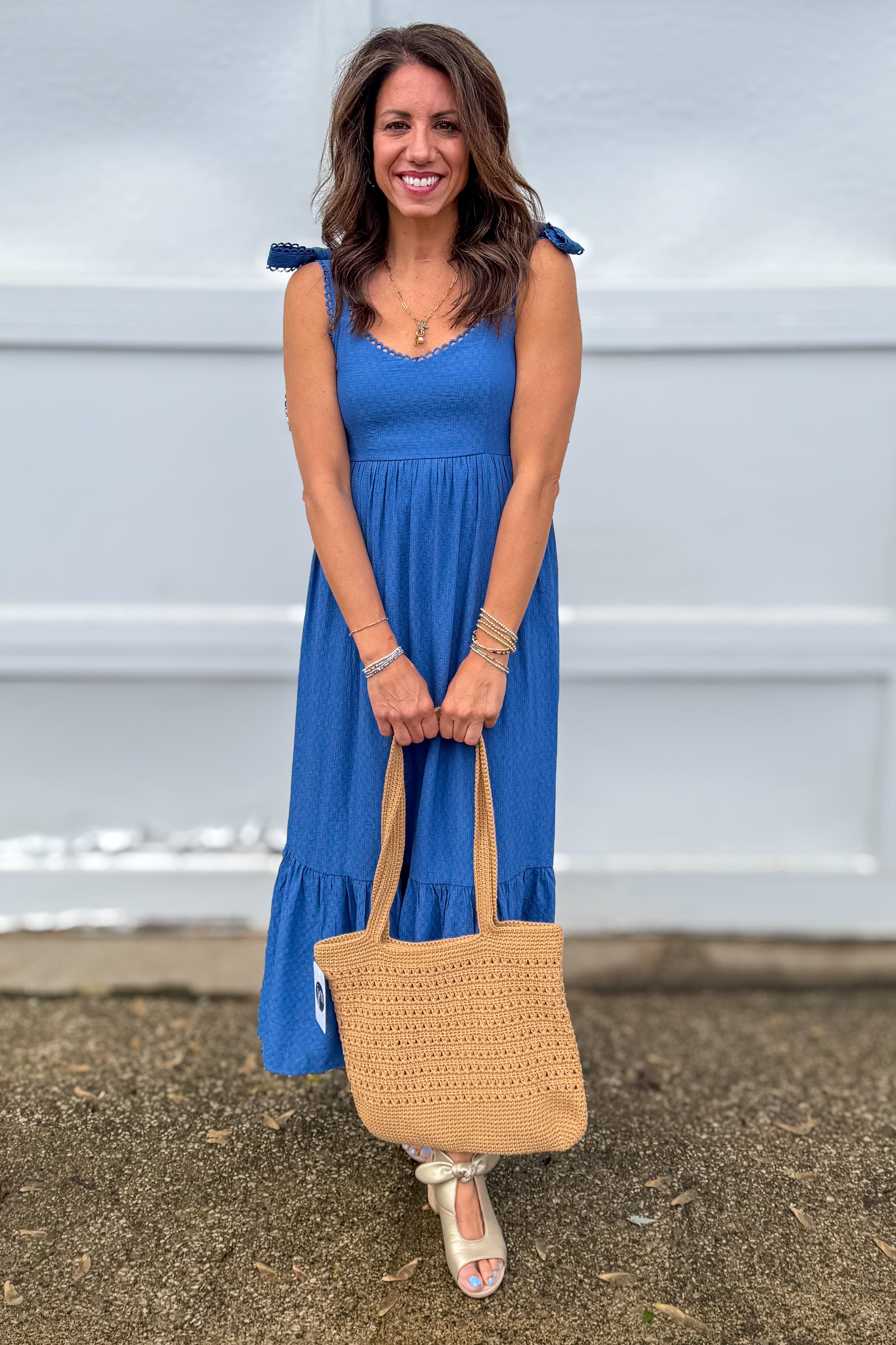 Dusty Blue Scallop Eyelet Trim Midi Dress