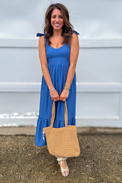 Dusty Blue Scallop Eyelet Trim Midi Dress