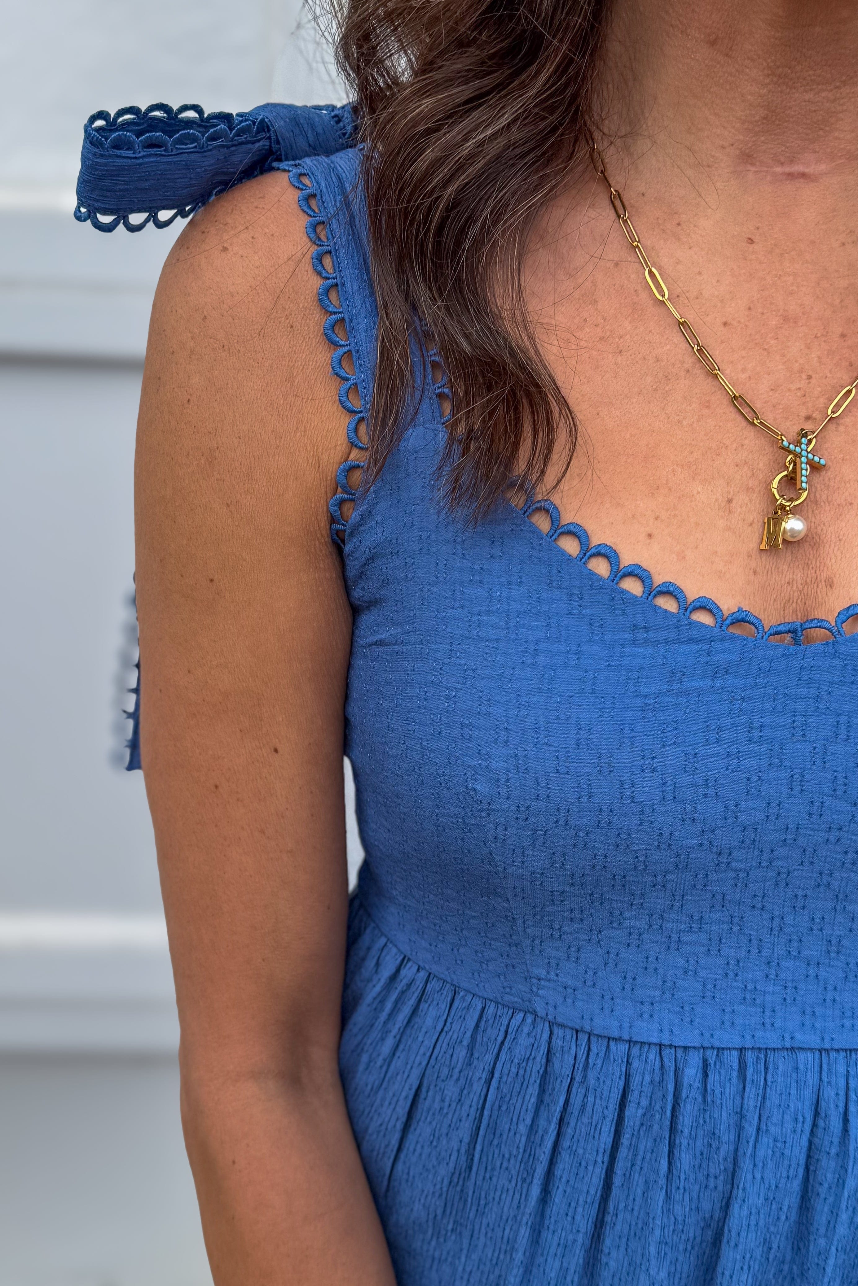 Dusty Blue Scallop Eyelet Trim Midi Dress
