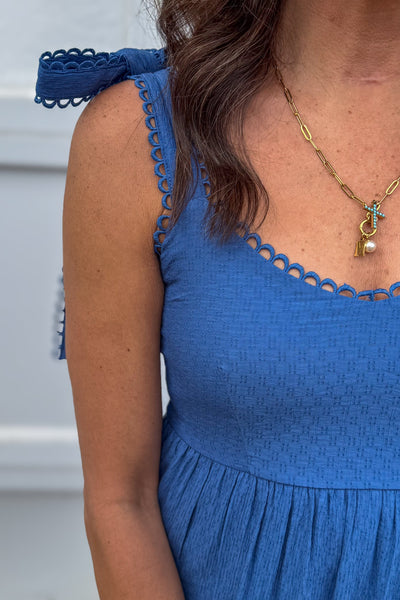 Dusty Blue Scallop Eyelet Trim Midi Dress