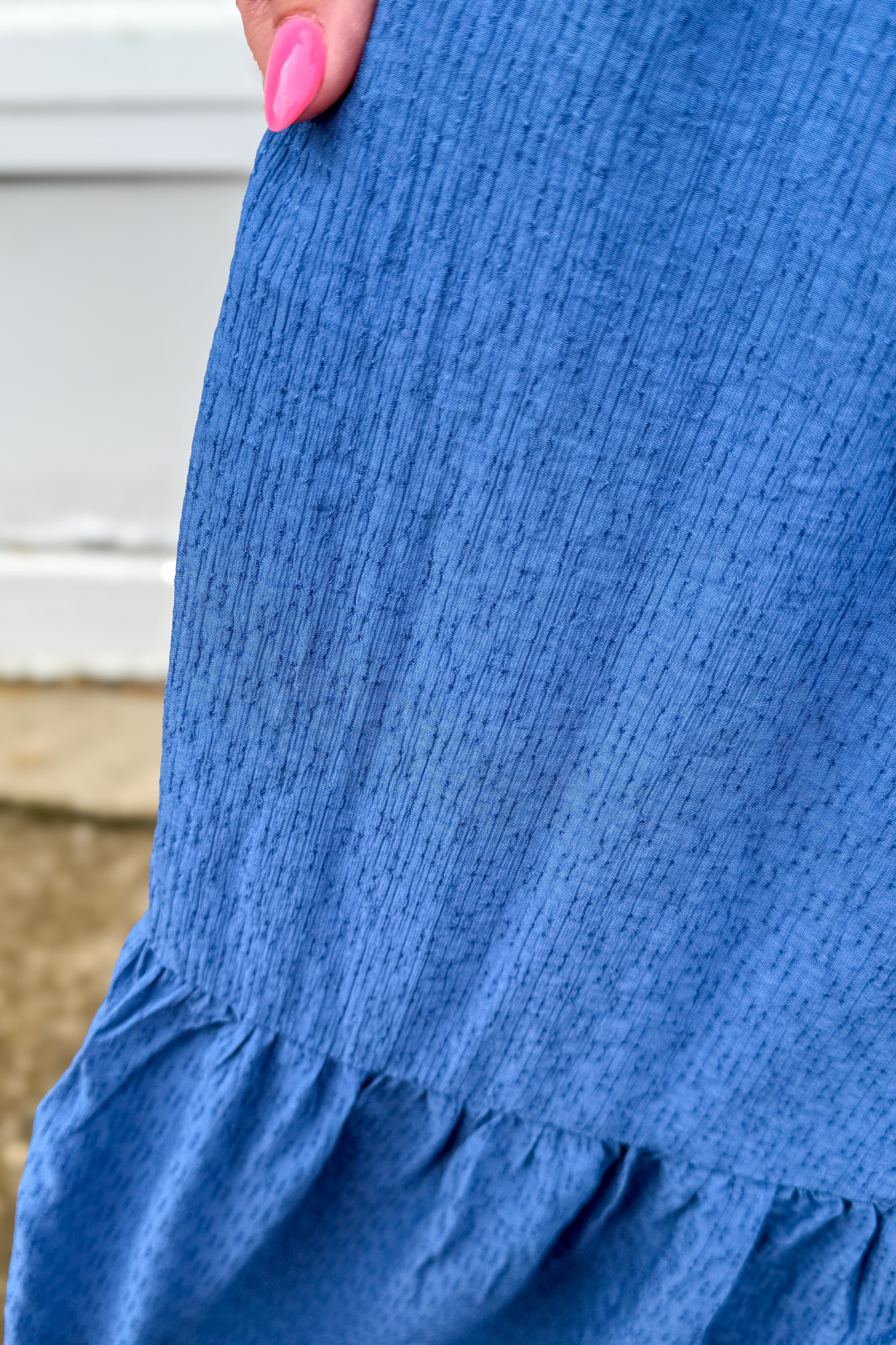 Dusty Blue Scallop Eyelet Trim Midi Dress