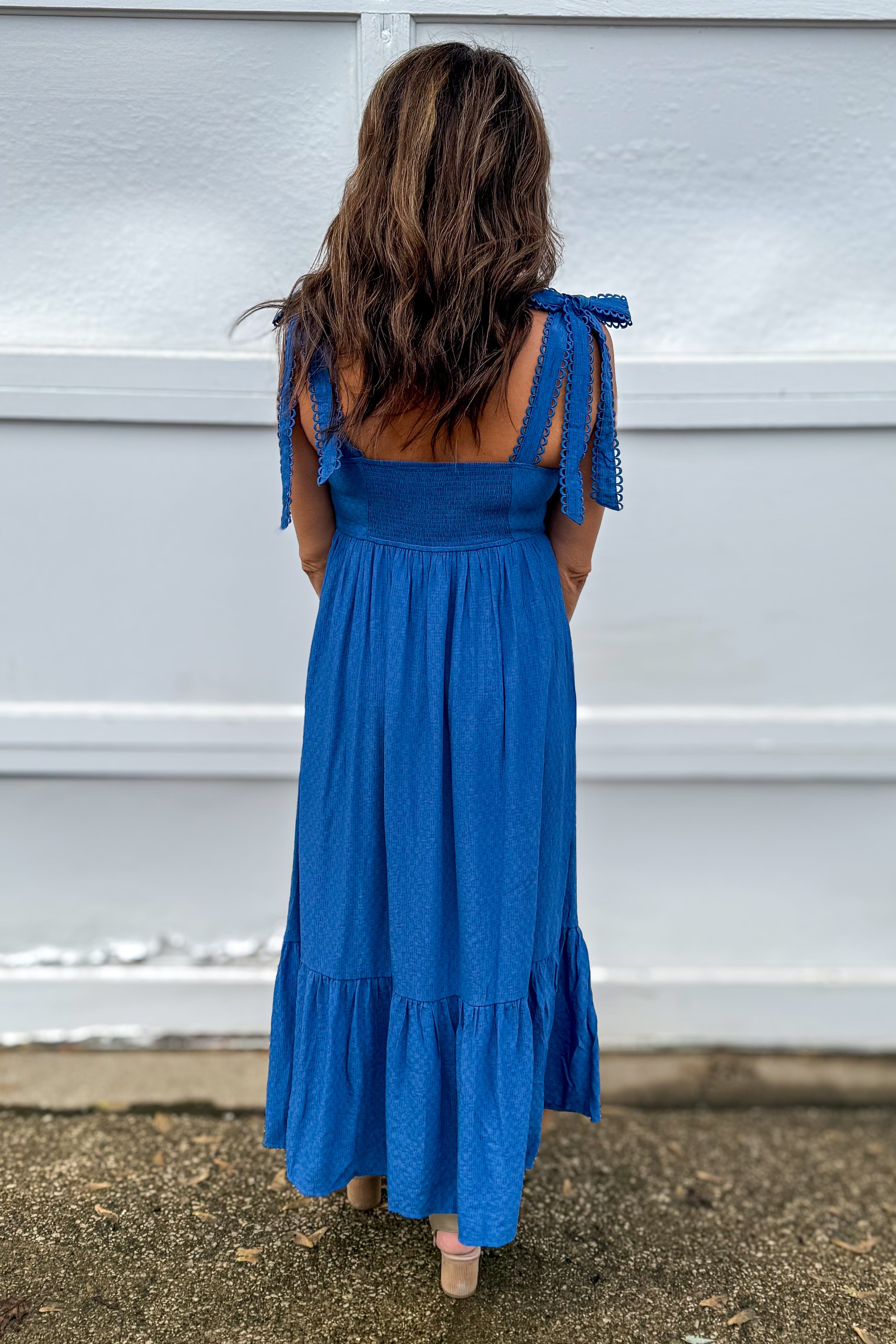 Dusty Blue Scallop Eyelet Trim Midi Dress