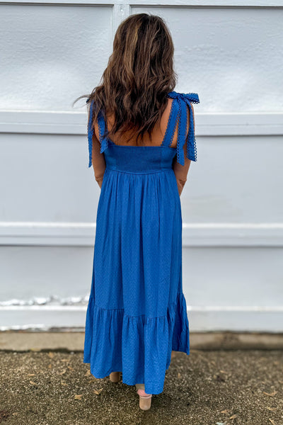 Dusty Blue Scallop Eyelet Trim Midi Dress