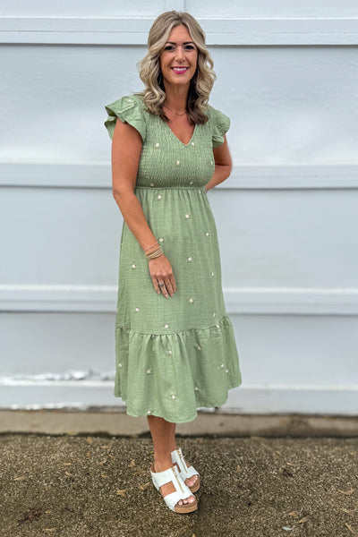 Olive Flower Embroidered Smocked Ruffle Midi Dress
