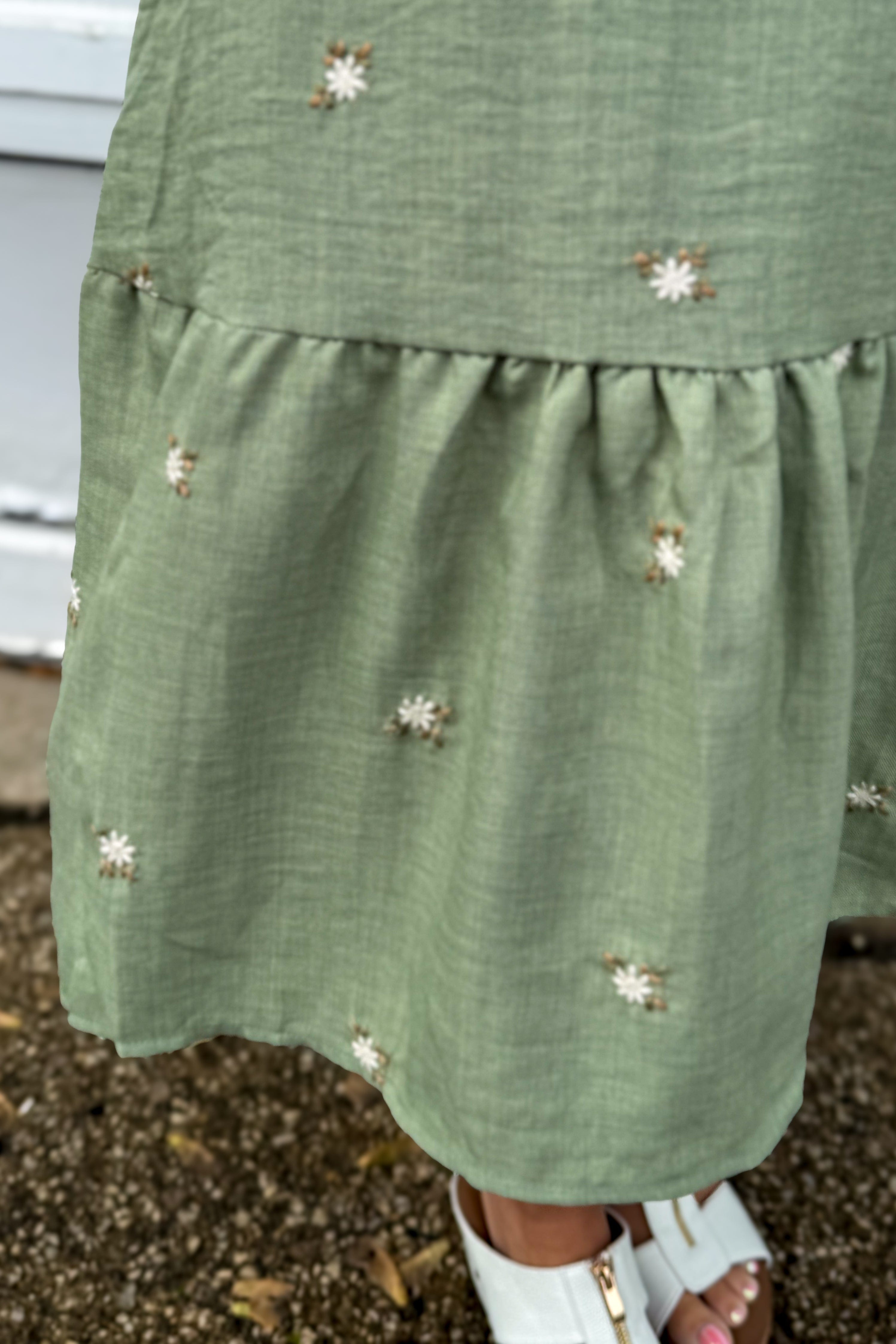 Olive Flower Embroidered Smocked Ruffle Midi Dress detailed