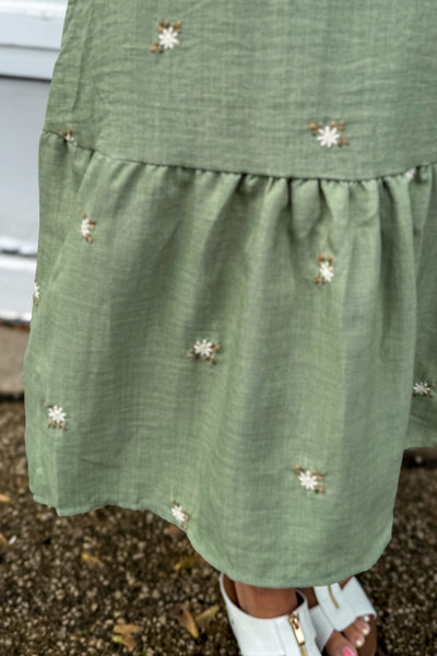 Olive Flower Embroidered Smocked Ruffle Midi Dress detailed