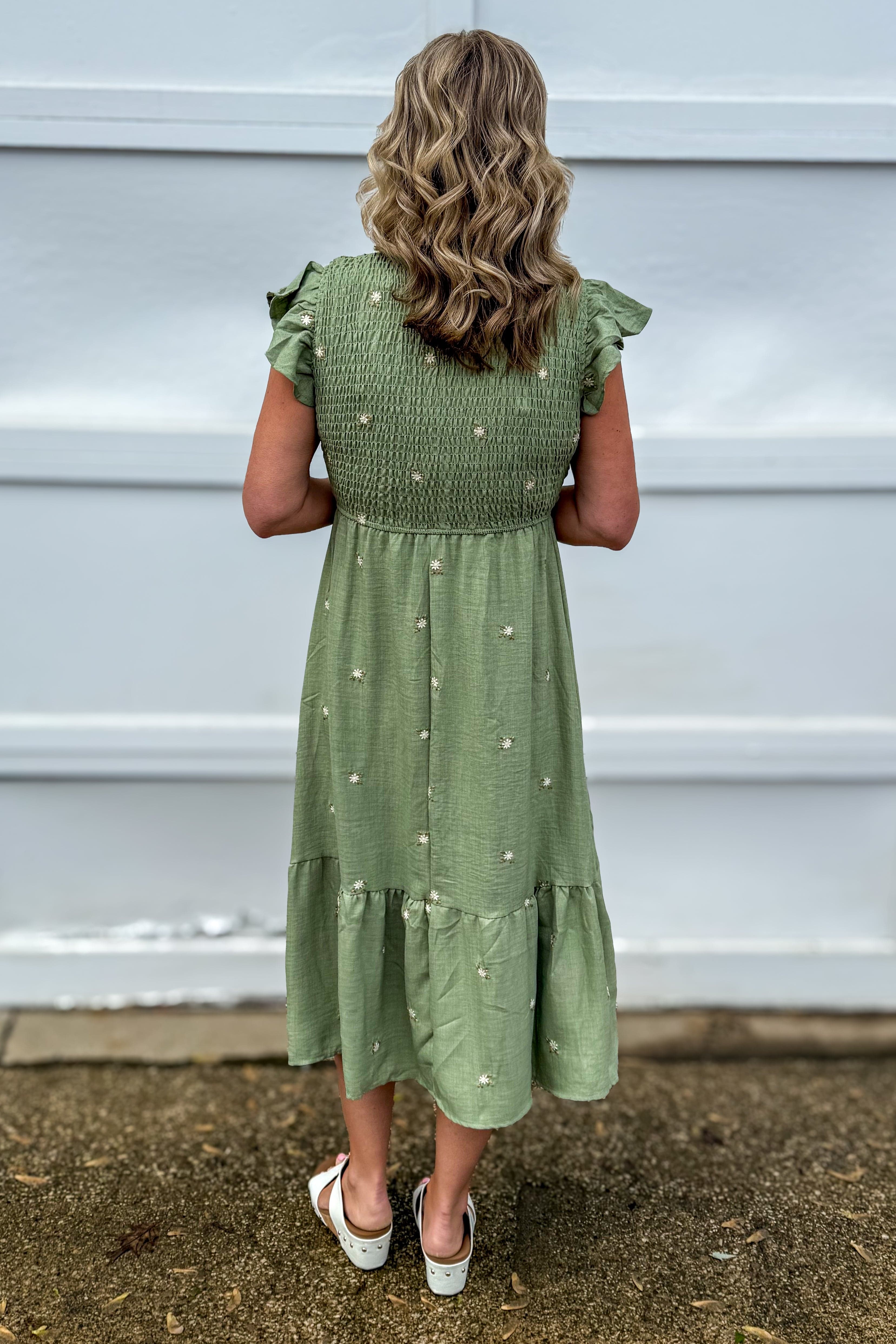 Olive Flower Embroidered Smocked Ruffle Midi Dress back