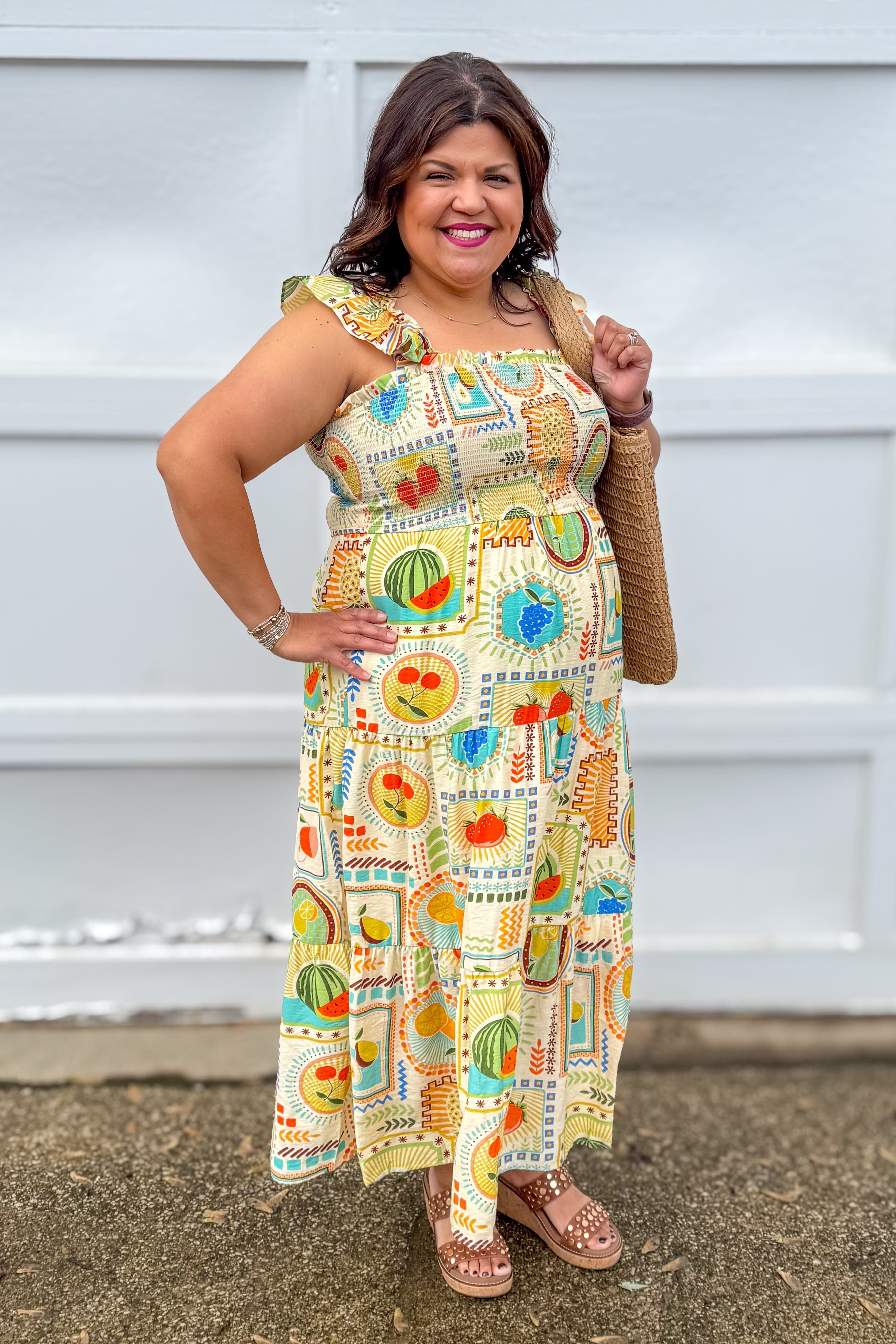 Multi Color Fruit Printed Smocked Midi Dress styled