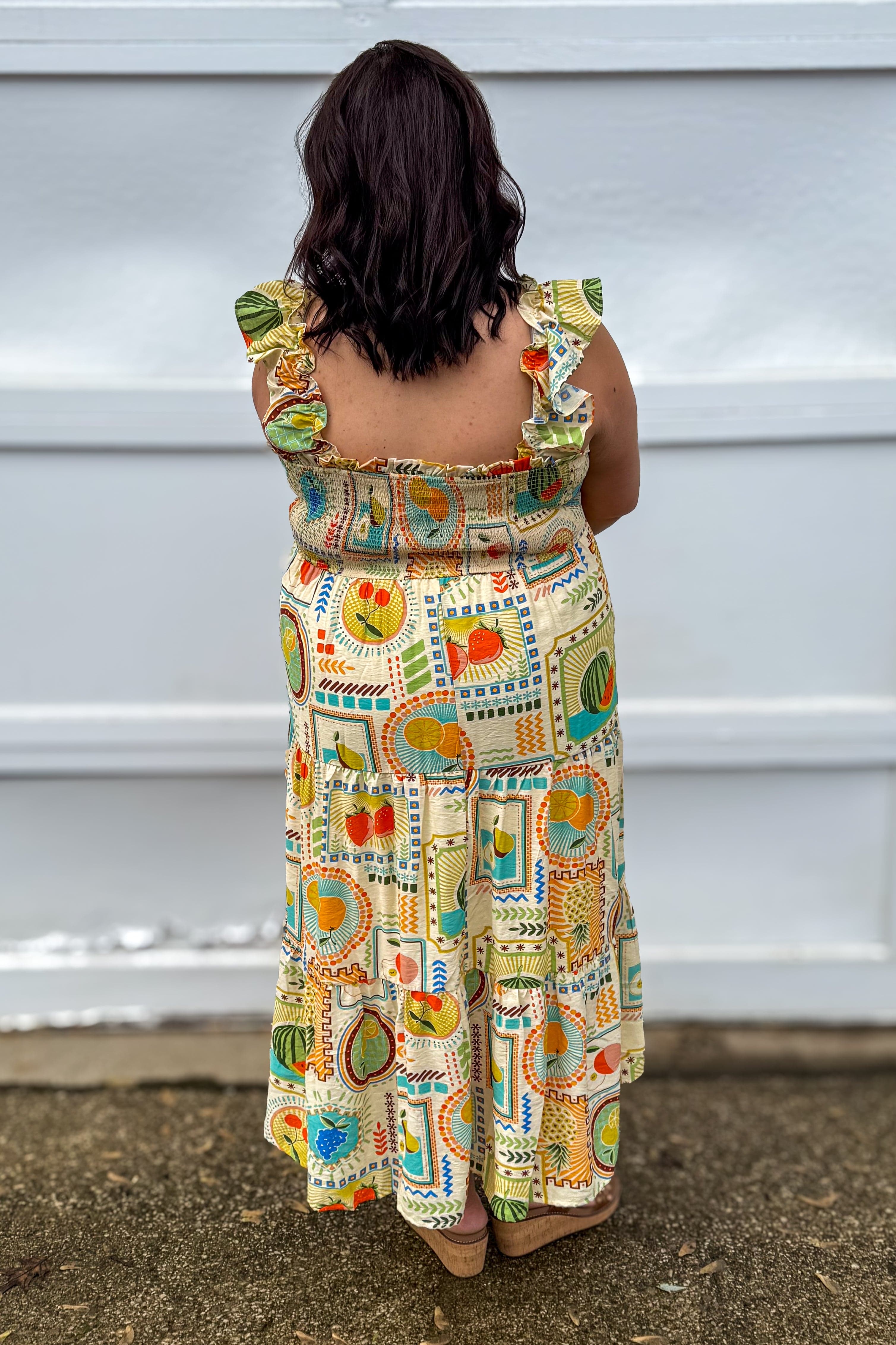 Multi Color Fruit Printed Smocked Midi Dress