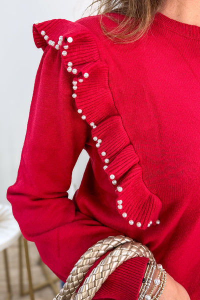 Red Ruffle Pearl Trim Blouse