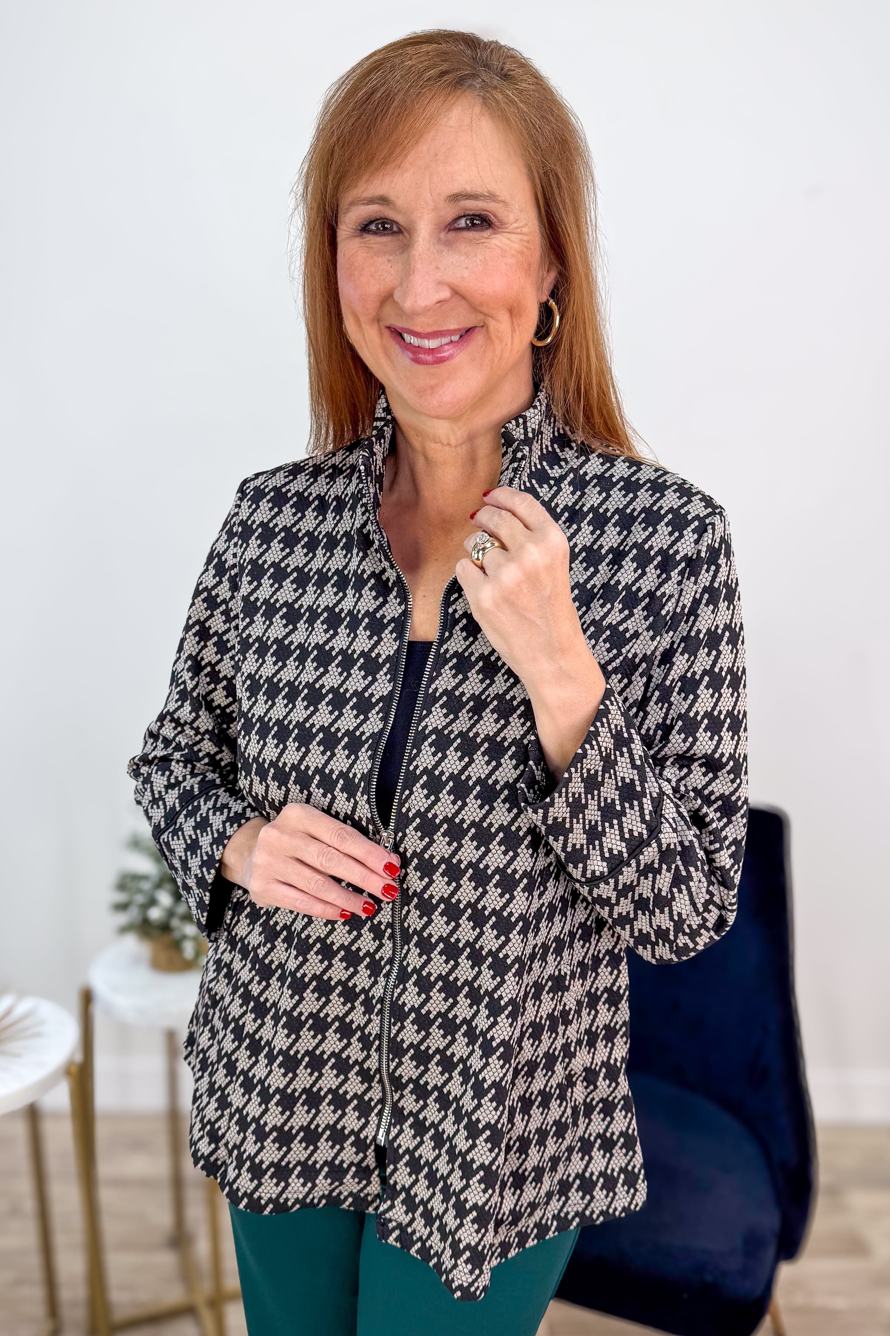 Taupe Houndstooth Zip Cardigan