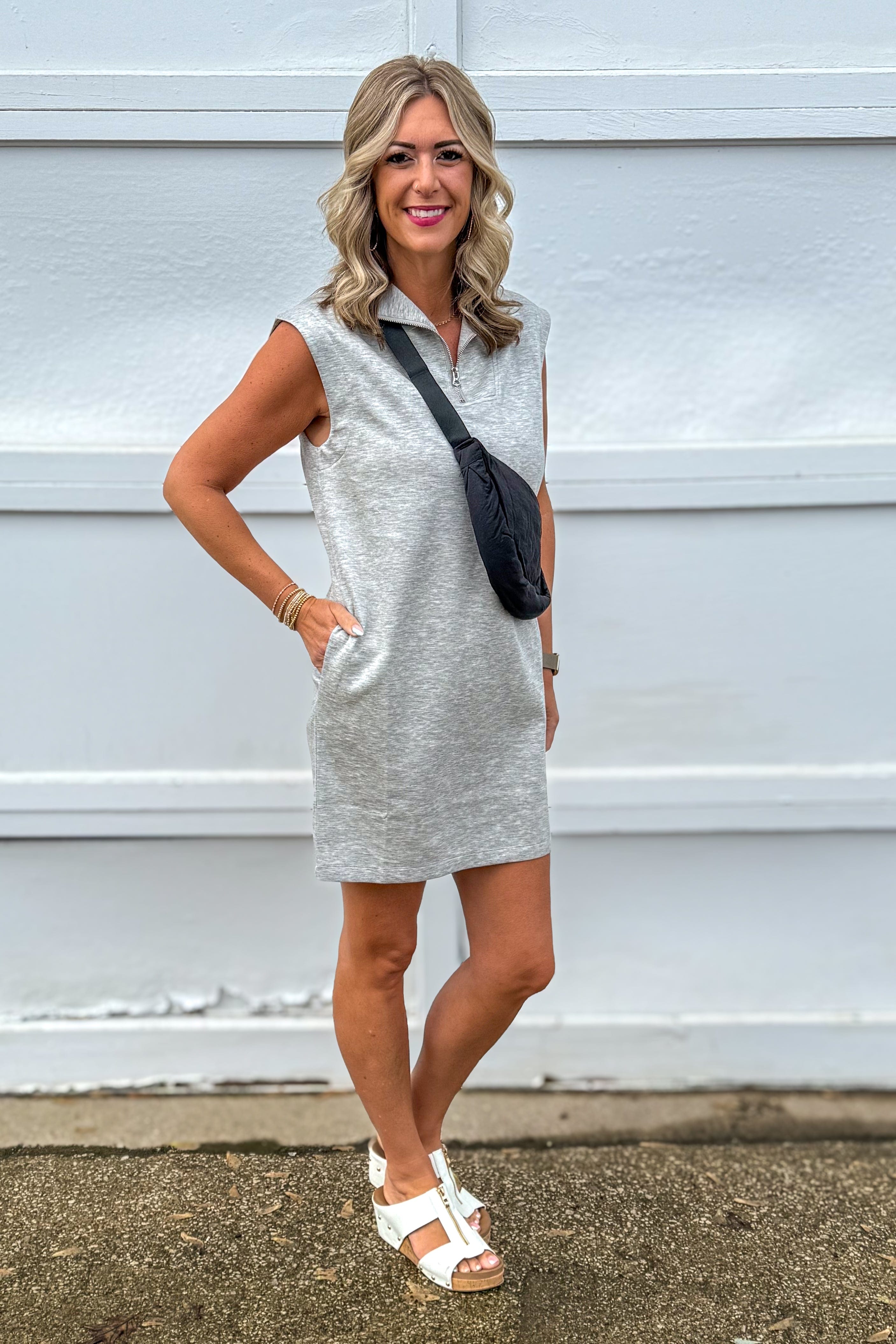 Grey Half Zip French Terry Dress styled