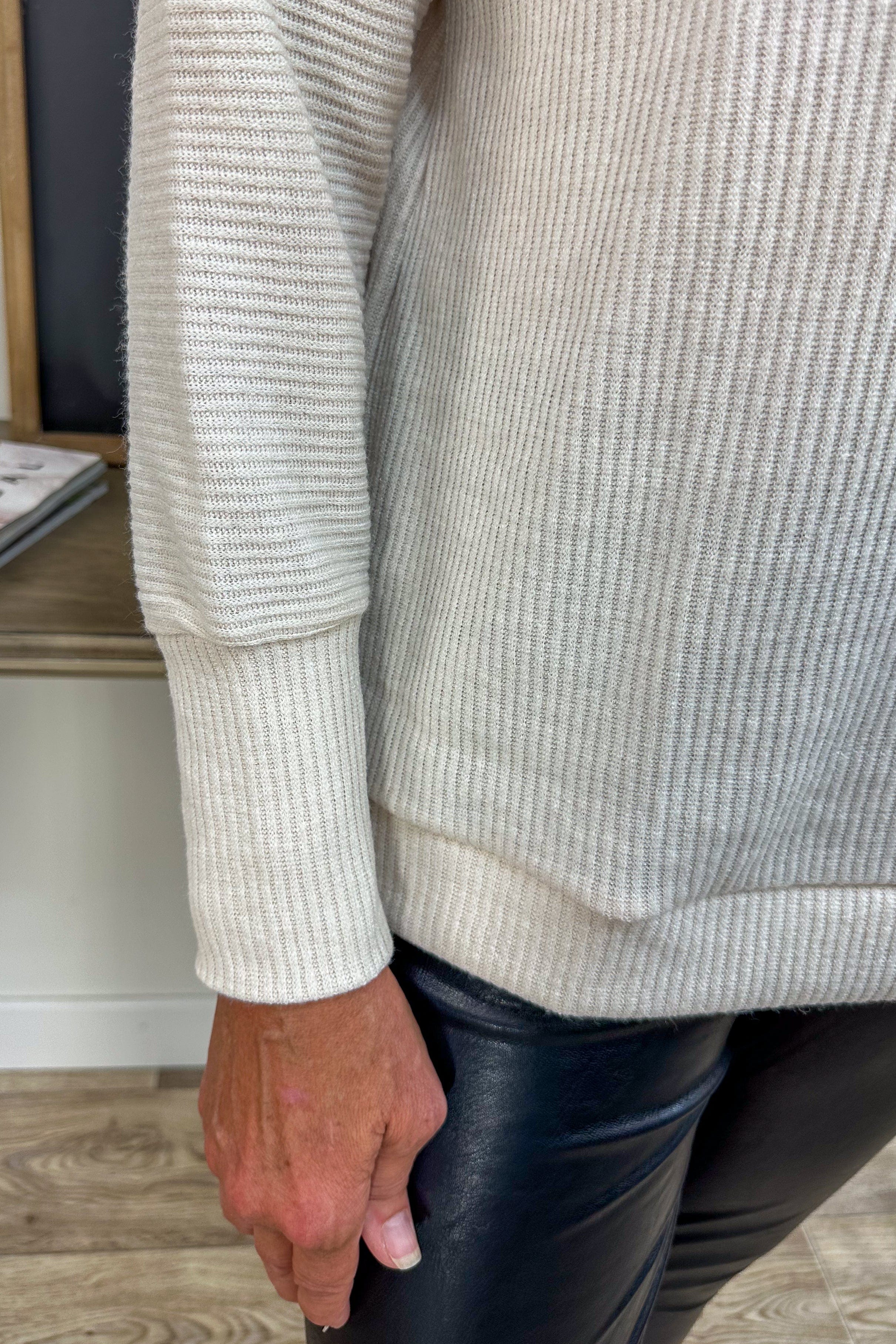 Beige Mockneck Ribbed Longsleeve detail