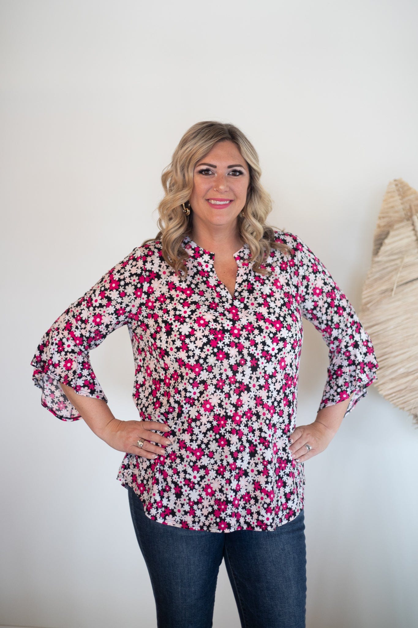 Pink & Black Daisy Top, front view