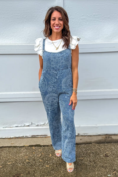 Denim Paisley Print Overall Jumpsuit