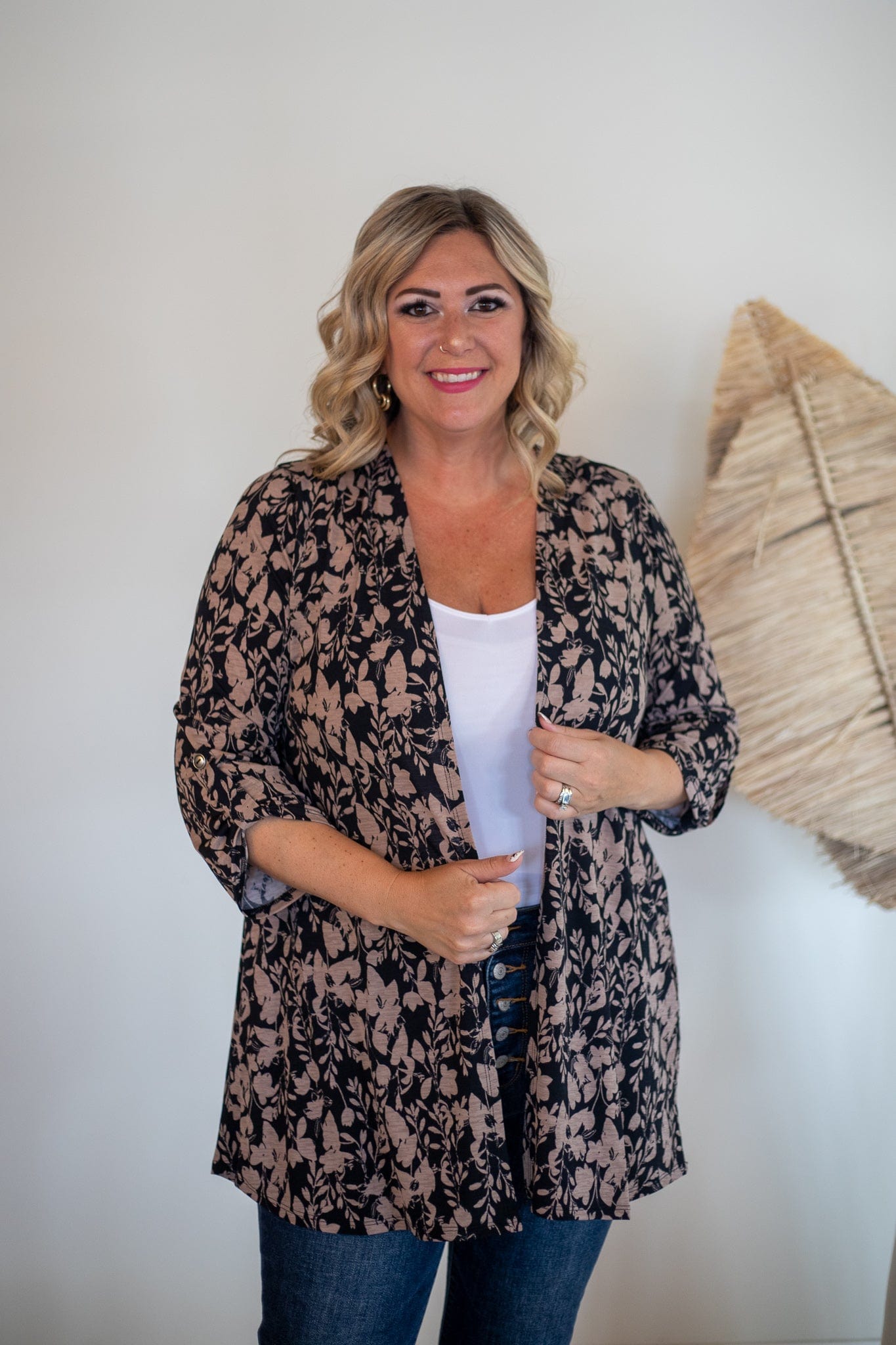 Mocha Floral Silhouette Cardigan, front view