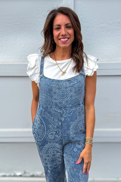 Denim Paisley Print Overall Jumpsuit styled
