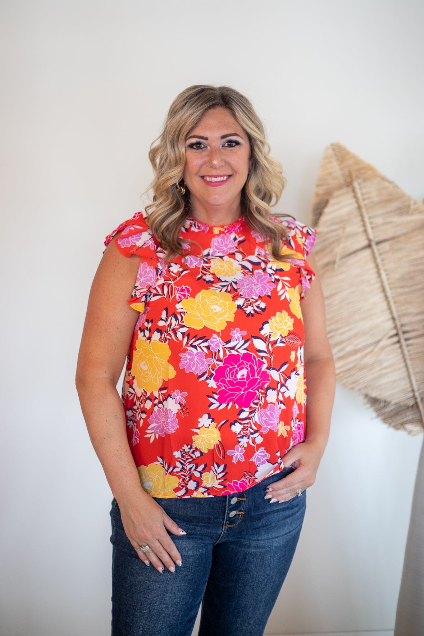 Red Floral Shortsleeve Top, front view