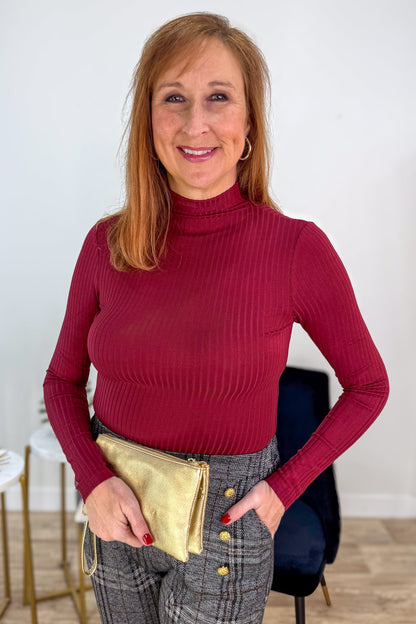 Burgundy Ribbed Mock Neck Top