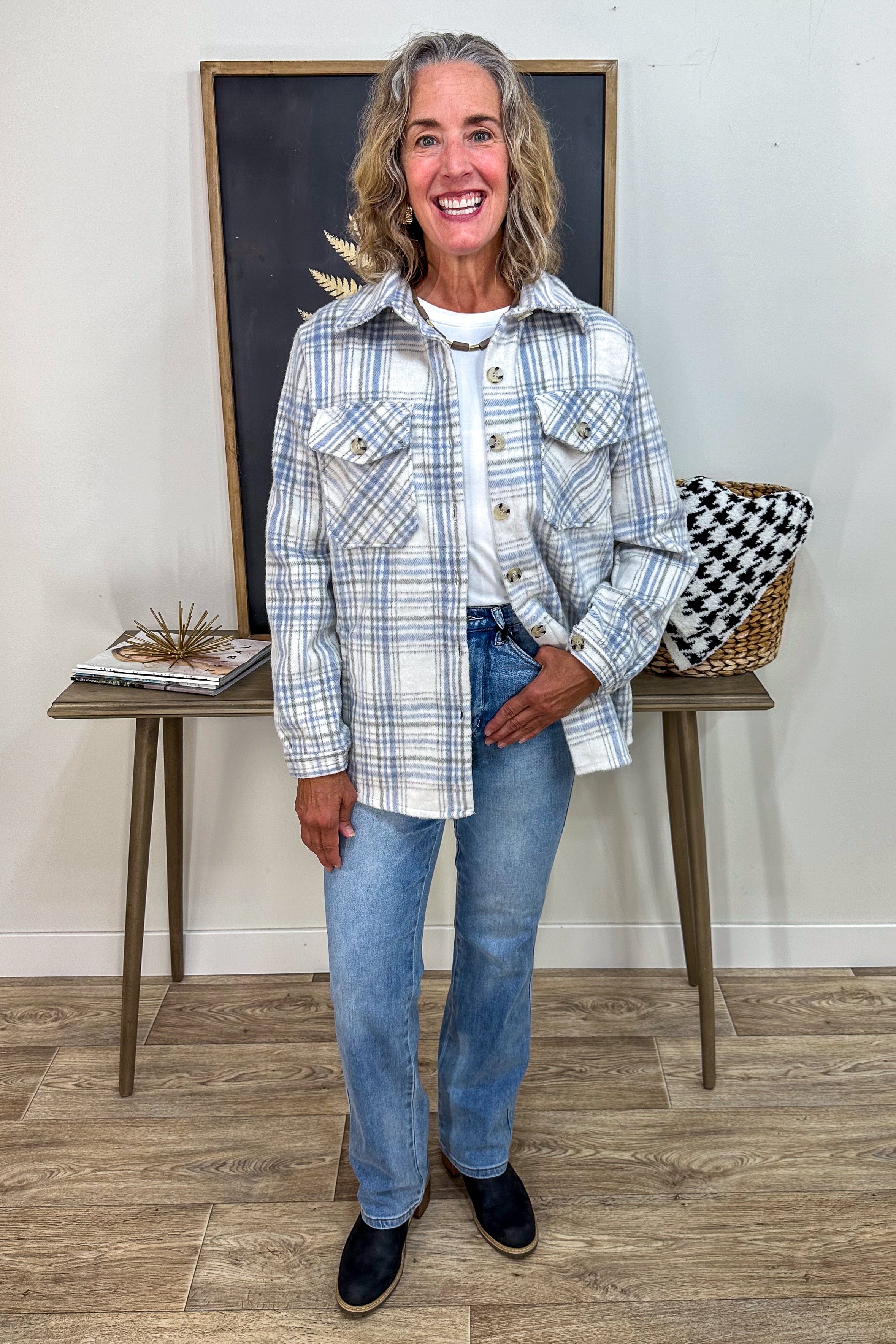 Bella Blue Plaid Shacket styled