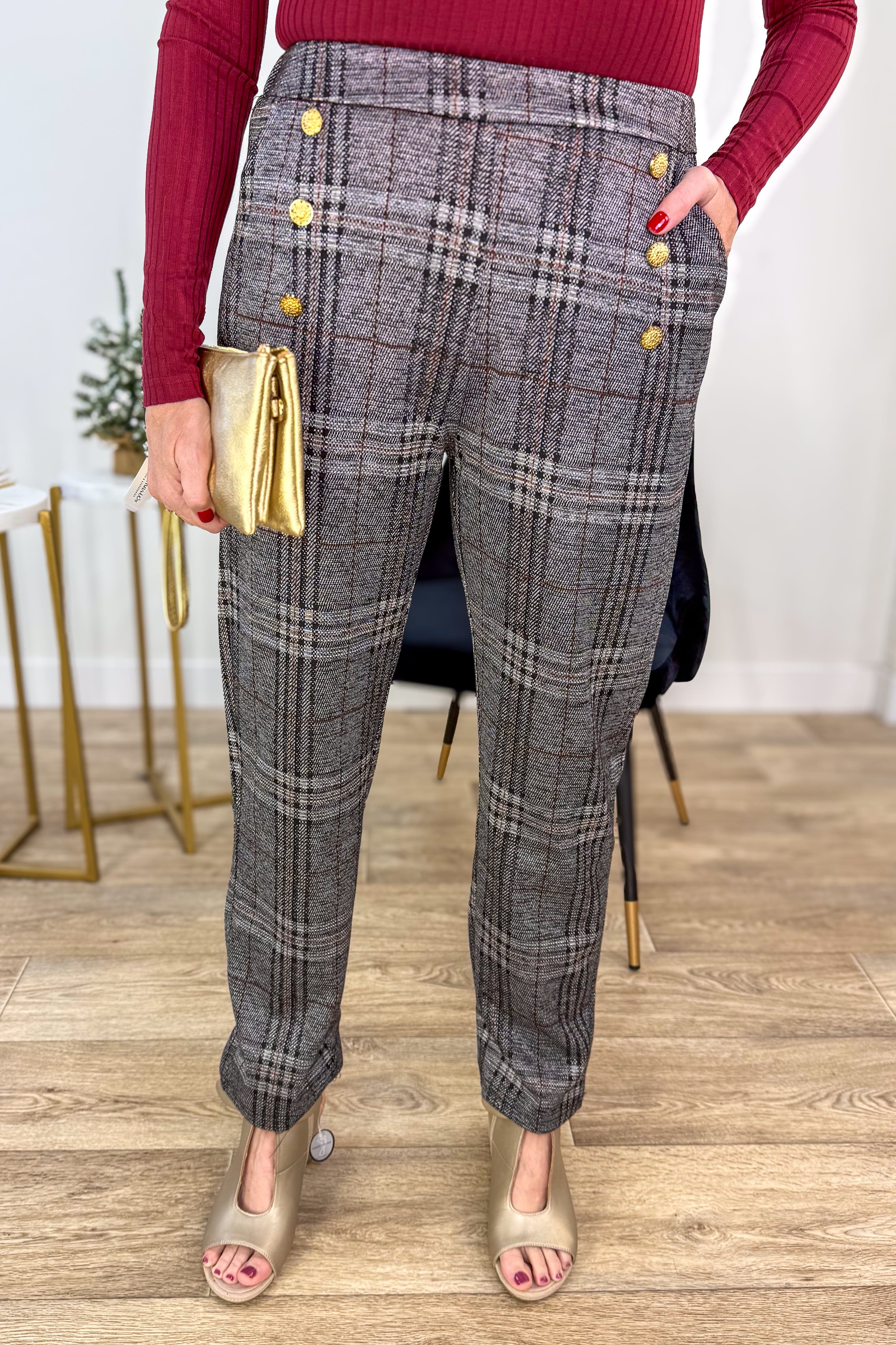 Grey Plaid Gold Button Detail Pant