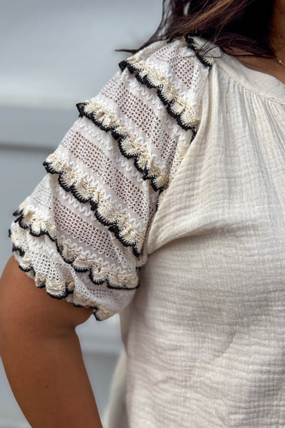 Oatmeal Texture Lace Sleeve Gauze Top detailed