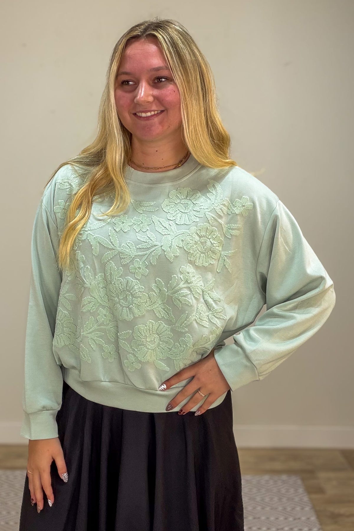 Sage Floral Embroidered Pullover Top