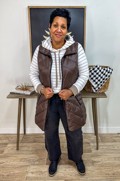 Taupe Striped Hoodie Top styled