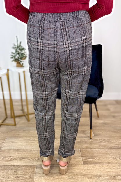 Grey Plaid Gold Button Detail Pant Back