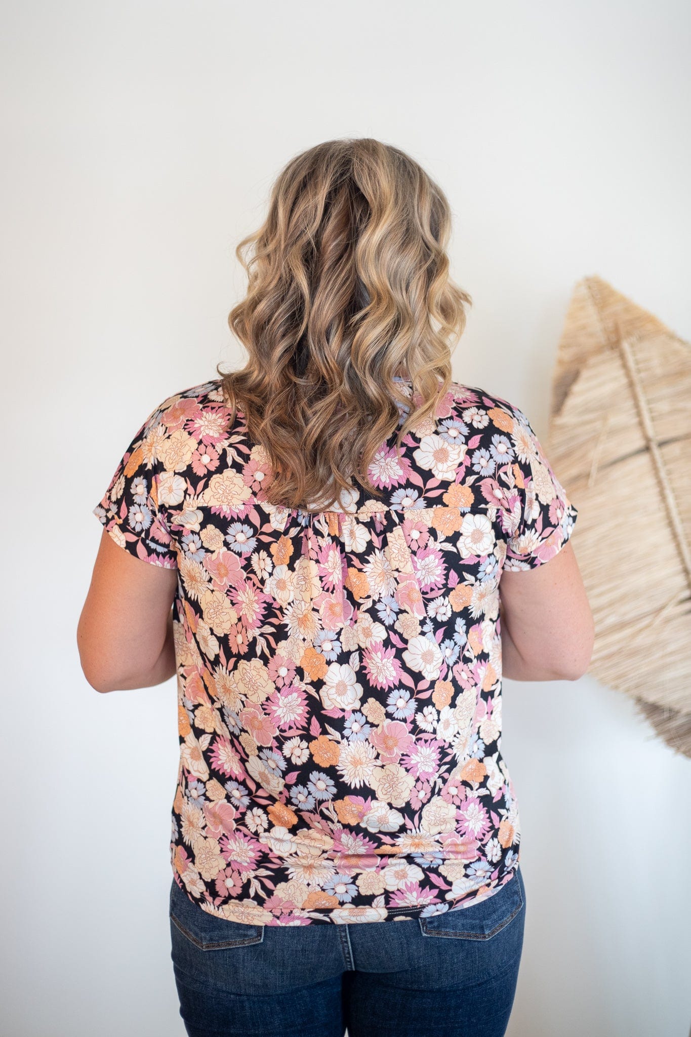 Black Crew Neck Floral Top, Back View
