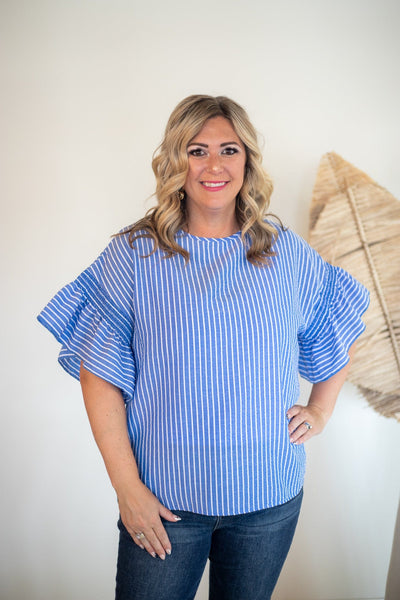 Blue Stripe Ruffle Sleeve Top