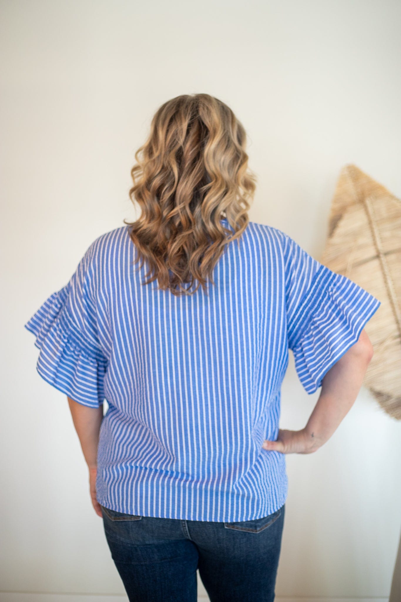 Blue Stripe Ruffle Sleeve Top