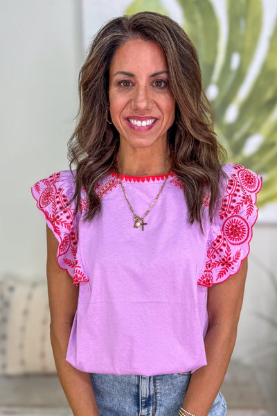 Lilac Rose Embroidered Detail Ruffle Sleeve Top
