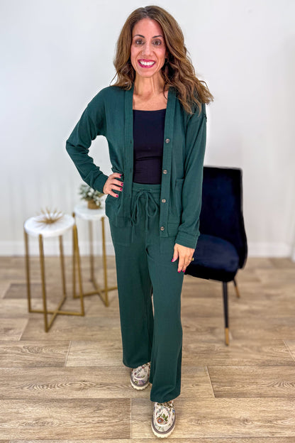 Hunter Green Textured Drop Shoulder Cardigan Styled