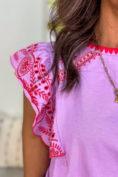 Lilac Rose Embroidered Detail Ruffle Sleeve Top detailed